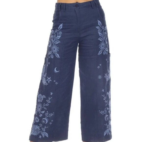 Johnny Was Pants - Johnny Was Oleander Ankle Pant Wide Leg Navy Embroider Linen Size 10 NEWW/TAGS